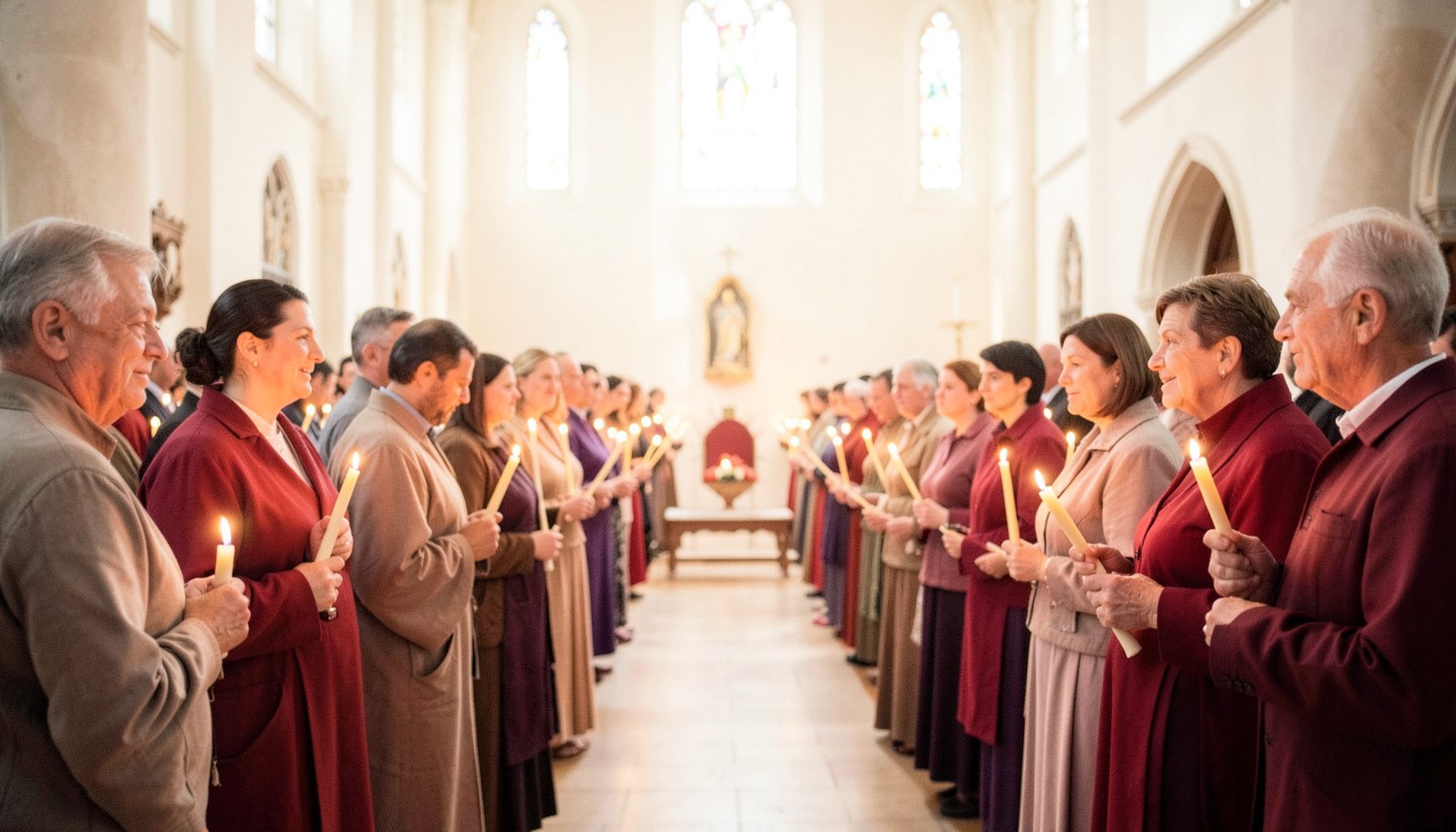 Candlelit evening service with worshippers holding slender beeswax candles, warm amber glow filling the nave