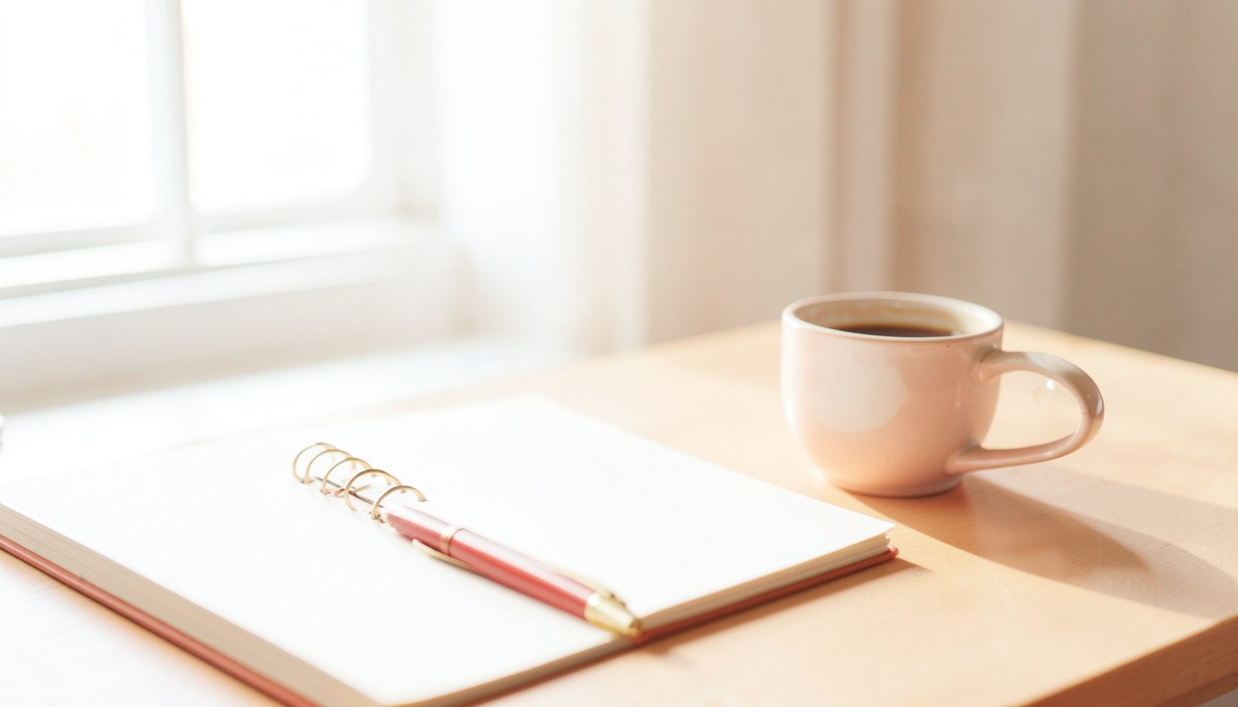 A bright, airy photograph of a quiet home office desk with a notebook, pen, and a warm cup of coffee, soft natural light streaming through a window, calm and contemplative mood