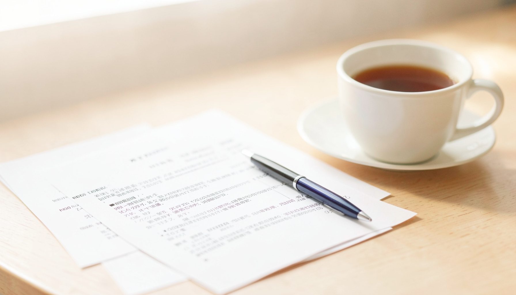 A softly lit desk with a pen resting on a printed loan document beside a cup of coffee, warm neutral tones and gentle shadows